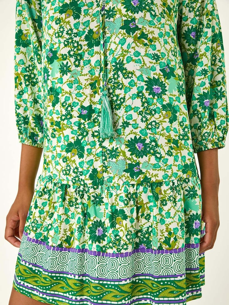 Roman Green Floral Print Border Smock Dress - Image 5 of 5