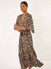 Roman Black Geo Print V-Neck Frill Maxi Dress - Image 1 of 5