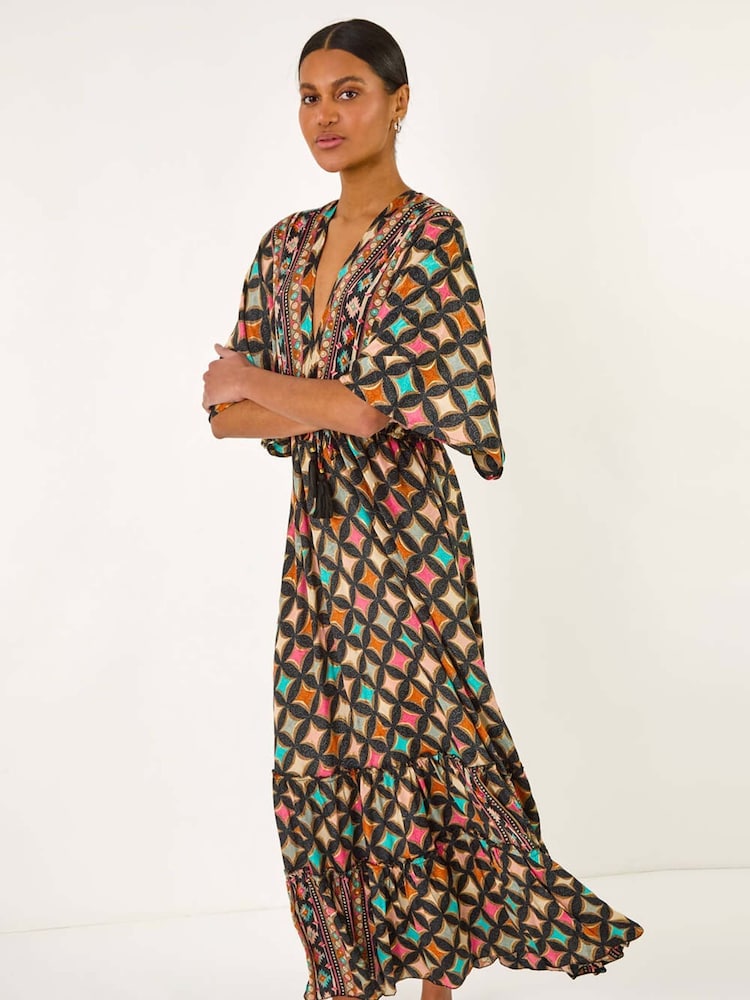 Roman Geo Print V-Neck Frill Maxi Dress - Imagen 1 de 5 Roman Geo Print V-Neck Frill Maxi Dress - Imagen 1 de 5