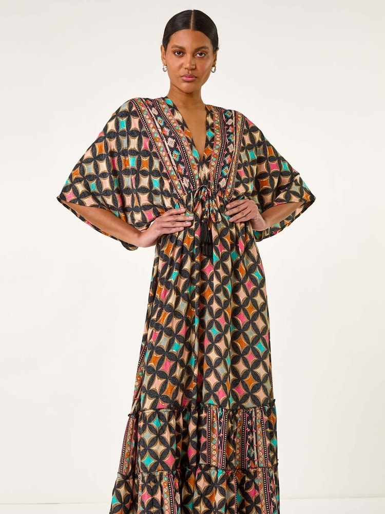Roman Black Geo Print V-Neck Frill Maxi Dress - Image 2 of 5
