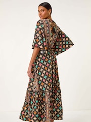 Roman Black Geo Print V-Neck Frill Maxi Dress - Image 3 of 5