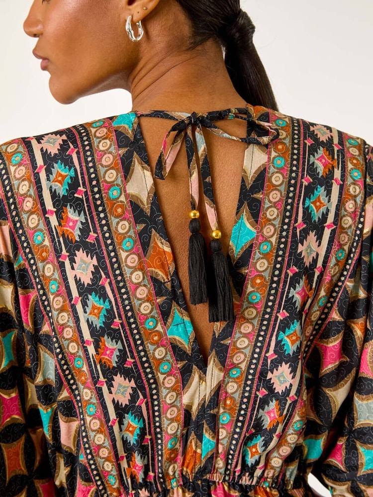 Roman Black Geo Print V-Neck Frill Maxi Dress - Image 5 of 5