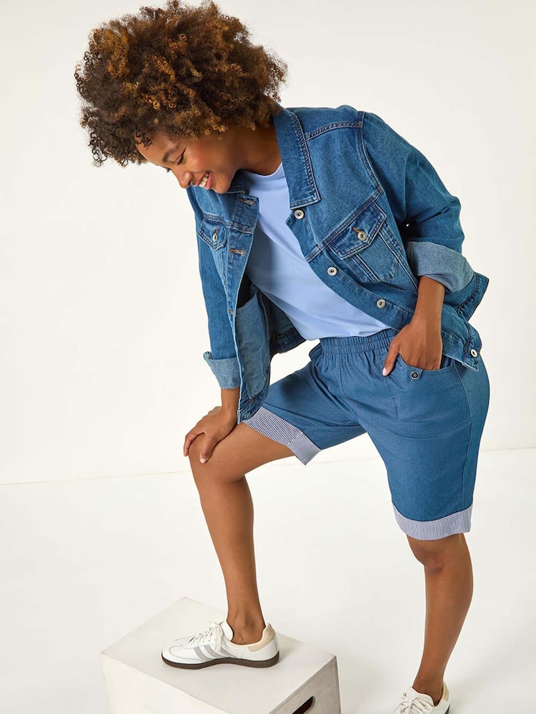 Roman Blue Bengaline Turnup Stripe Shorts - Image 1 of 5