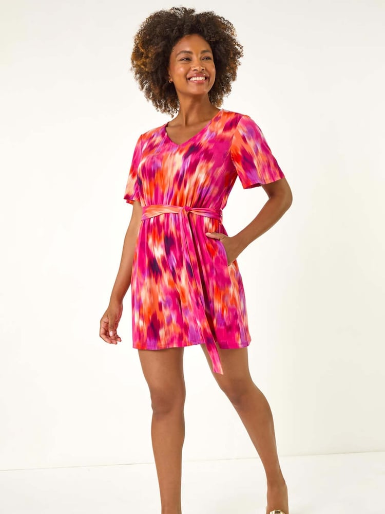 Roman Pink Abstract Belted Playsuit - Image 1 of 5
