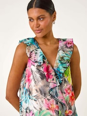 Roman Green Tropical Print Ruffle Front Vest - Image 1 of 5