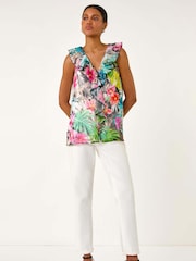 Roman Green Tropical Print Ruffle Front Vest - Image 2 of 5