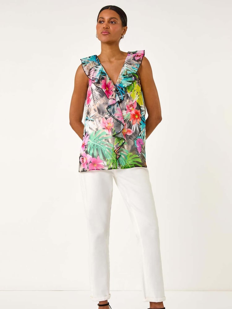 Roman Green Tropical Print Ruffle Front Vest - Image 2 of 5