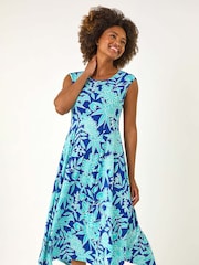 Roman Blue Floral Print Puff Stretch Maxi Dress - Image 2 of 5