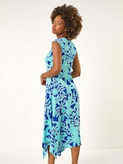 Roman Blue Floral Print Puff Stretch Maxi Dress - Image 3 of 5