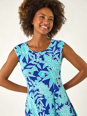 Roman Blue Floral Print Puff Stretch Maxi Dress - Image 4 of 5
