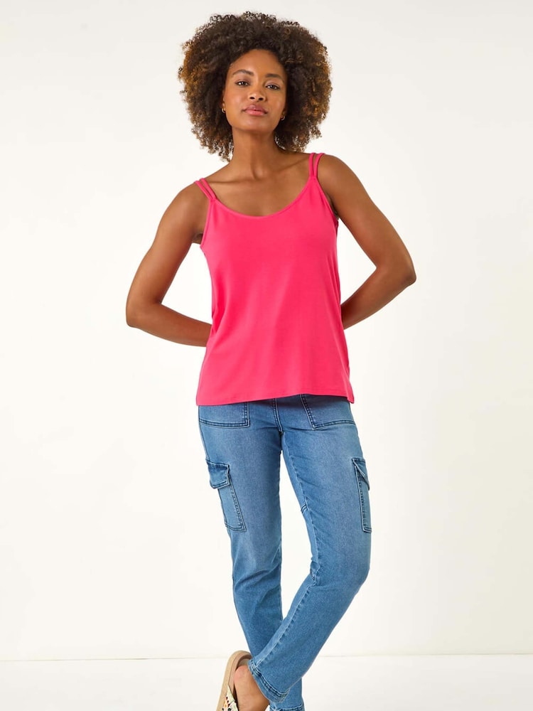 Roman Pink Chrome Plain Double Strap Stretch Vest Top - Image 2 of 5