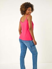Roman Pink Chrome Plain Double Strap Stretch Vest Top - Image 3 of 5