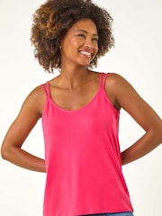 Roman Pink Chrome Plain Double Strap Stretch Vest Top - Image 4 of 5
