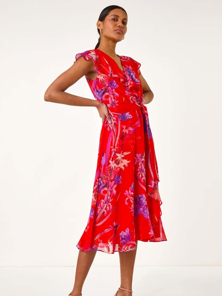 Roman Red Floral Print Ruffle Wrap Front Midi Dress - Image 1 of 5