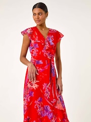 Roman Red Floral Print Ruffle Wrap Front Midi Dress - Image 2 of 5