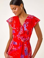 Roman Red Floral Print Ruffle Wrap Front Midi Dress - Image 4 of 5