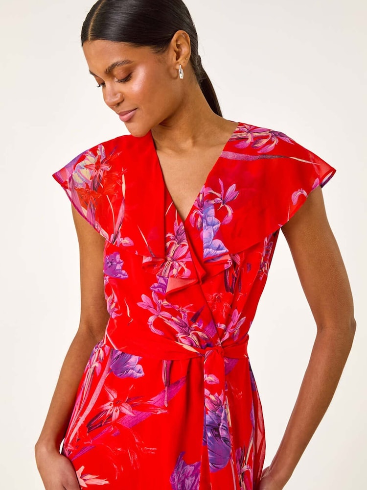 Buy Roman Red Floral Print Ruffle Wrap Front Midi Dress from Next USA