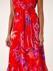 Roman Red Floral Print Ruffle Wrap Front Midi Dress - Image 5 of 5