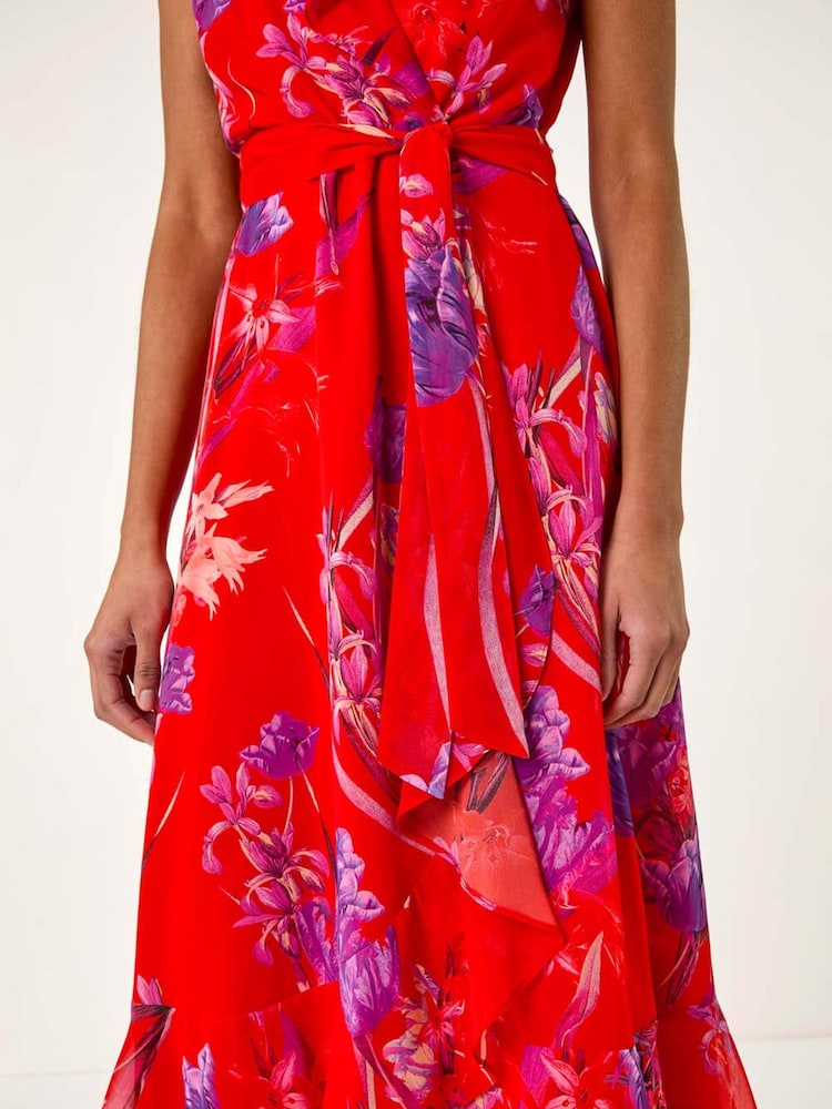 Roman Red Floral Print Ruffle Wrap Front Midi Dress - Image 5 of 5