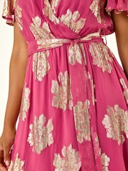 Roman Pink Jacquard Midi Wrap Dress - Image 5 of 5