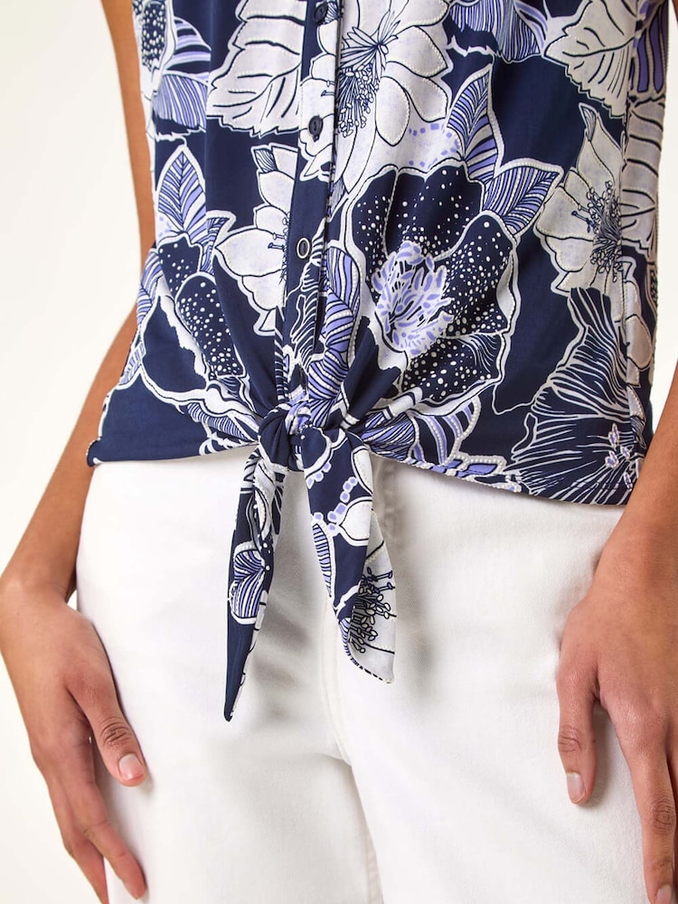 Roman Purple Textured Floral Print Tie Blouse - Image 5 of 5