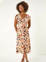 Roman Orange Geo Print Button Detail Midi Dress - Image 2 of 5
