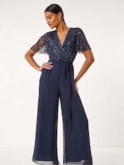 Roman Blue Embellished Beaded V-Neck Jumpsuit - Image 1 of 5