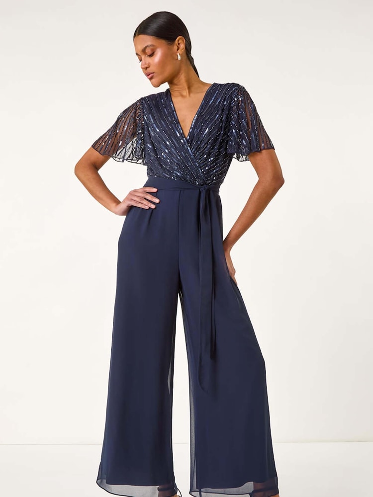 Roman Blue Embellished Beaded V-Neck Jumpsuit - Image 1 of 5