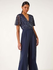 Roman Blue Embellished Beaded V-Neck Jumpsuit - Image 2 of 5