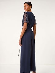 Roman Blue Embellished Beaded V-Neck Jumpsuit - Image 3 of 5