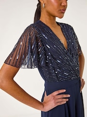 Roman Blue Embellished Beaded V-Neck Jumpsuit - Image 5 of 5