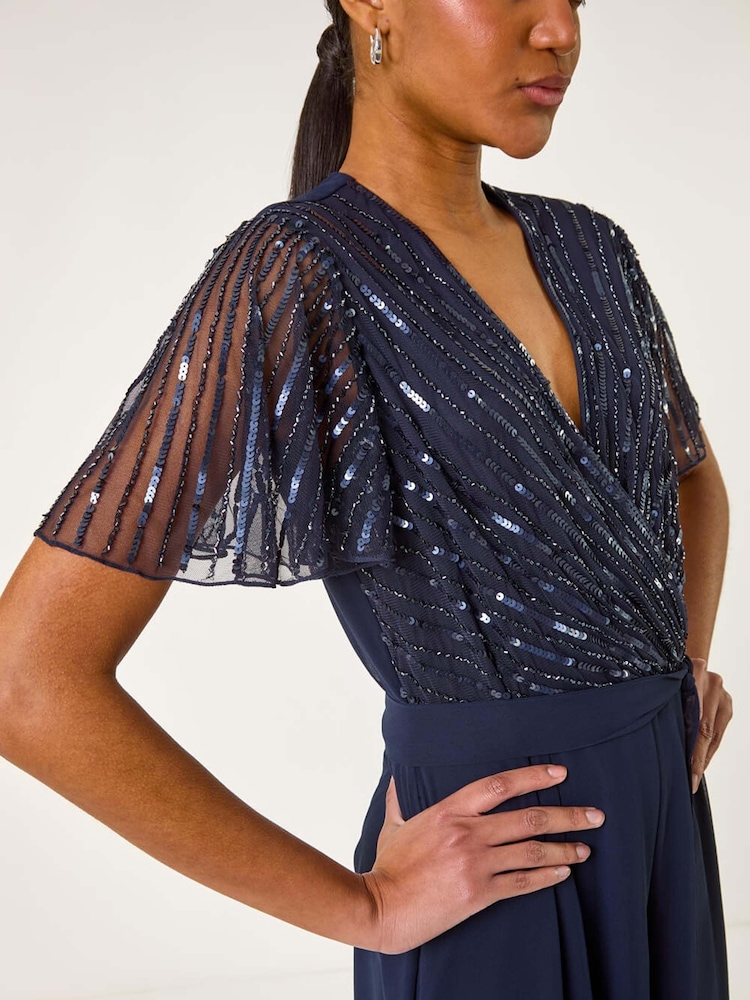 Roman Blue Embellished Beaded V-Neck Jumpsuit - Image 5 of 5