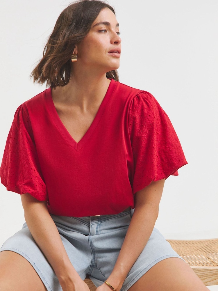 Simply Be Red 100% Cotton Broderie Puff Sleeve T-Shirt With V-Neck - Image 1 of 4