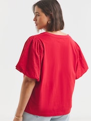Simply Be Red 100% Cotton Broderie Puff Sleeve T-Shirt With V-Neck - Image 2 of 4