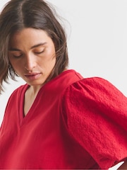 Simply Be Red 100% Cotton Broderie Puff Sleeve T-Shirt With V-Neck - Image 3 of 4