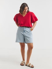 Simply Be Red 100% Cotton Broderie Puff Sleeve T-Shirt With V-Neck - Image 4 of 4