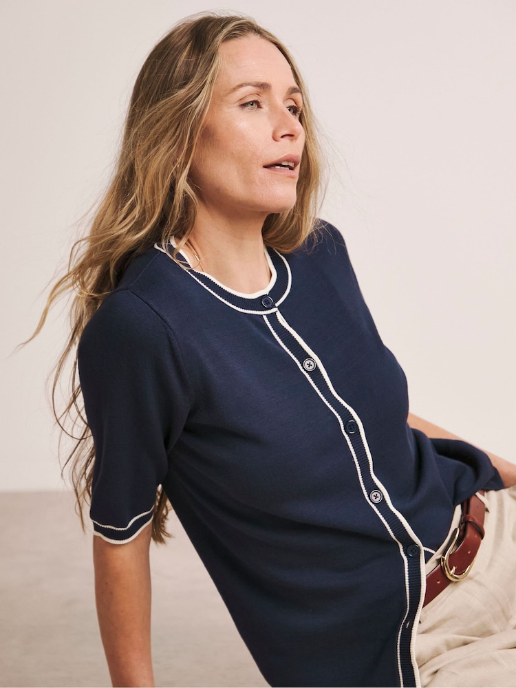 JD Williams Blue Contrast Trim Short Sleeve Cardigan - Image 1 of 4 JD Williams Blue Contrast Trim Short Sleeve Cardigan - Image 1 of 4