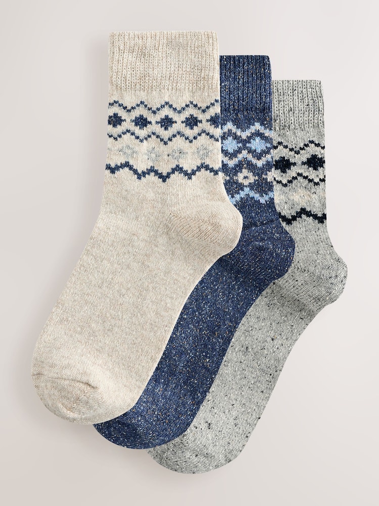 Blue Fairisle Containing Wool Ankle Socks 3 Pack - Image 1 of 6 Blue Fairisle Containing Wool Ankle Socks 3 Pack - Image 1 of 6