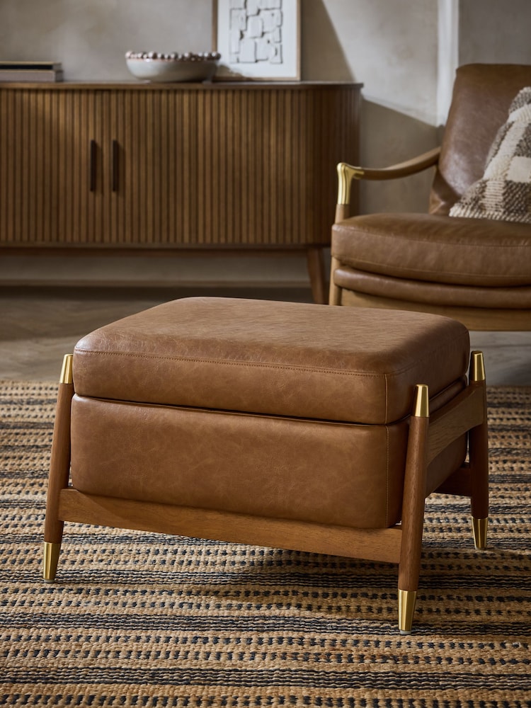 Vintaged Faux Leather Light Brown Flinton Small Wooden Storage Footstool - Image 1 of 11