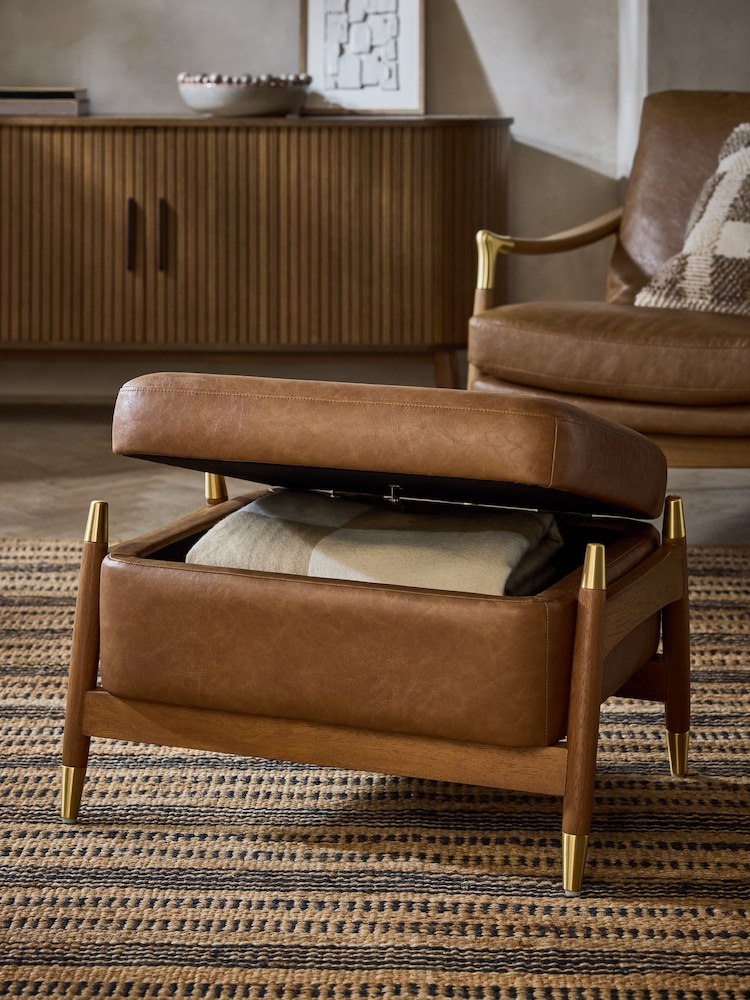 Vintaged Faux Leather Light Brown Flinton Small Wooden Storage Footstool - Image 2 of 11
