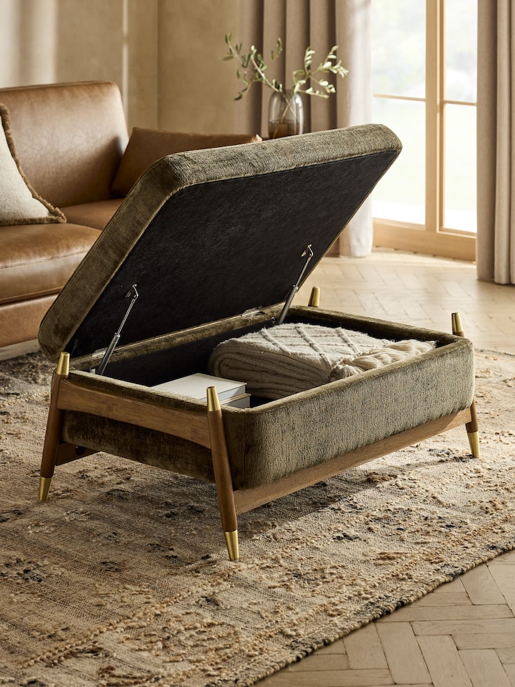 Plush Chenille Moss Green Flinton Large Wooden Storage Footstool - Image 2 of 10