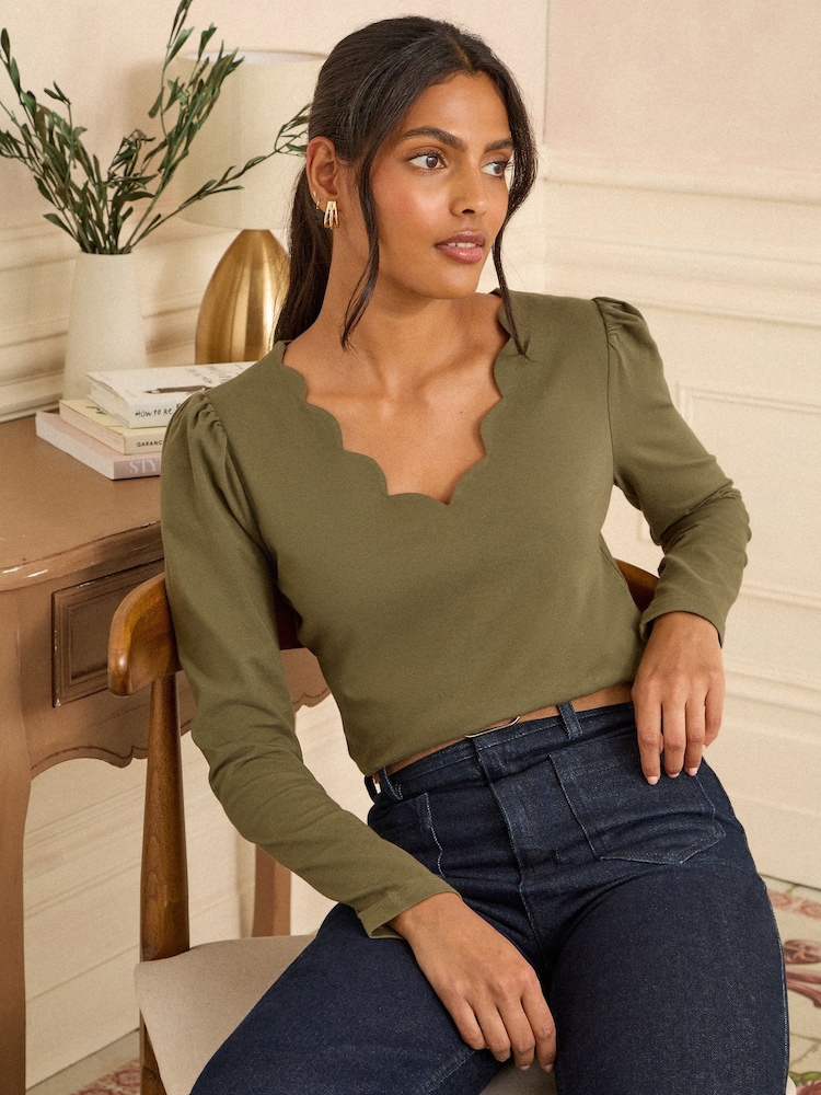 Verde cáqui - Blusa de malha com decote em V e manga comprida Love & Roses - Imagem 1 de 4