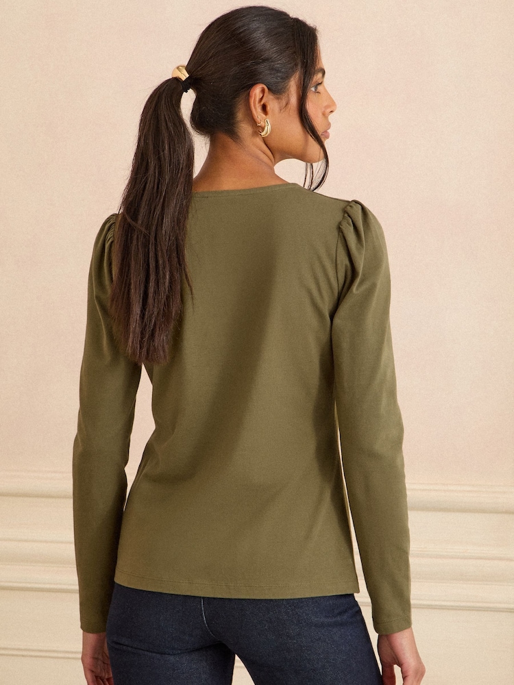 Verde cáqui - Blusa de malha com decote em V e manga comprida Love & Roses - Imagem 4 de 4