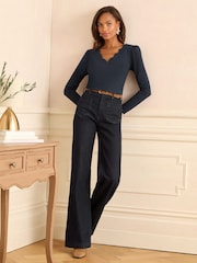 Love & Roses Navy Scallop V-Neck Long Sleeve Jersey Top - Image 3 of 4