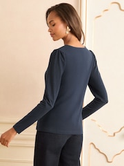Love & Roses Navy Scallop V-Neck Long Sleeve Jersey Top - Image 4 of 4