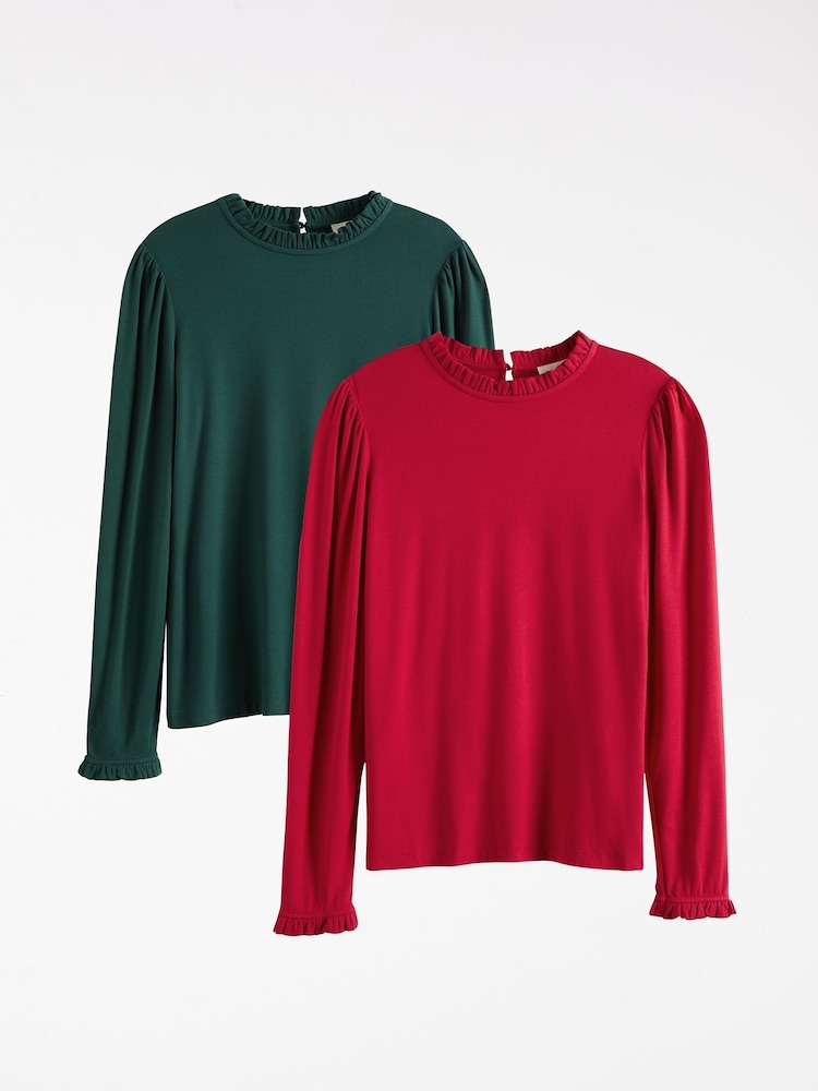 Love & Roses Berry and Blue Frill Neck Long Sleeve Jersey Top - Image 1 of 7