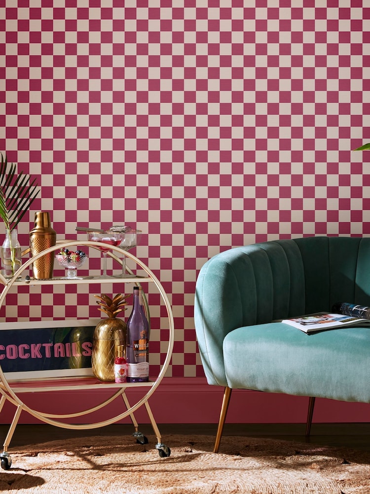 Graham & Brown Raspberry Envy Check Me Out 10M Wallpaper - Image 1 of 3