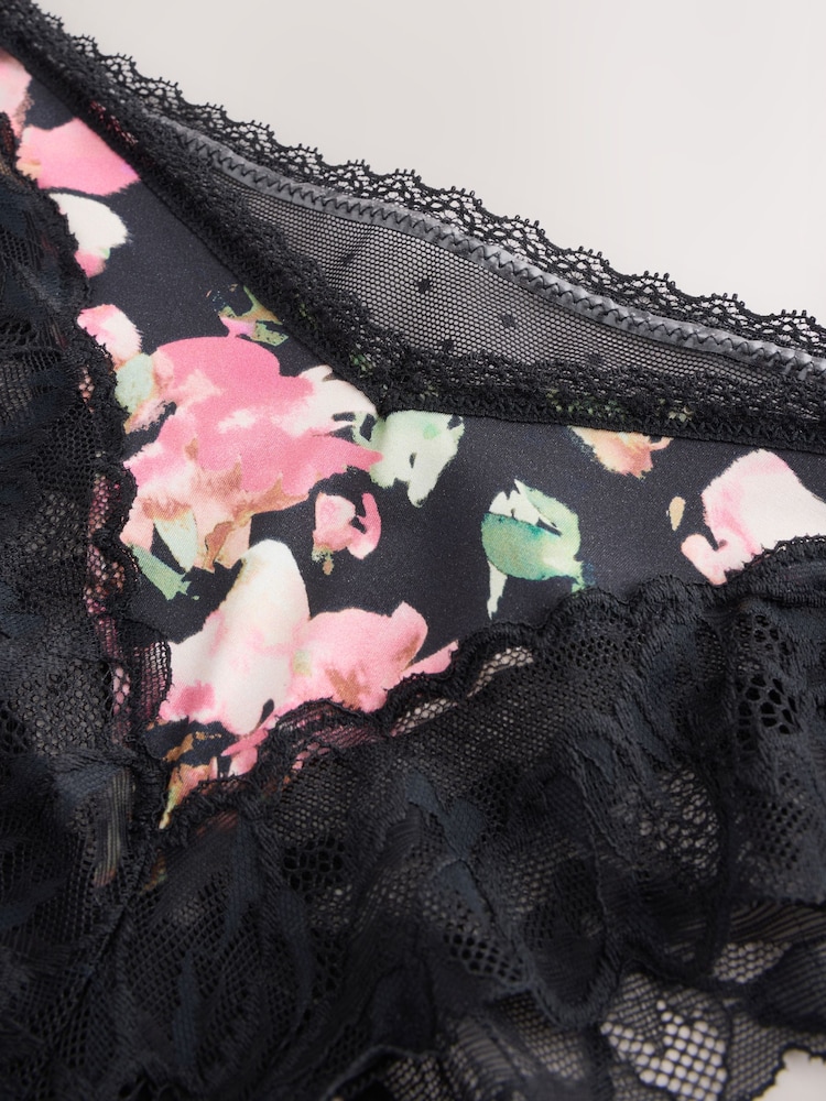 Black Floral Print & Lace Extra High Leg Briefs - Image 7 of 7