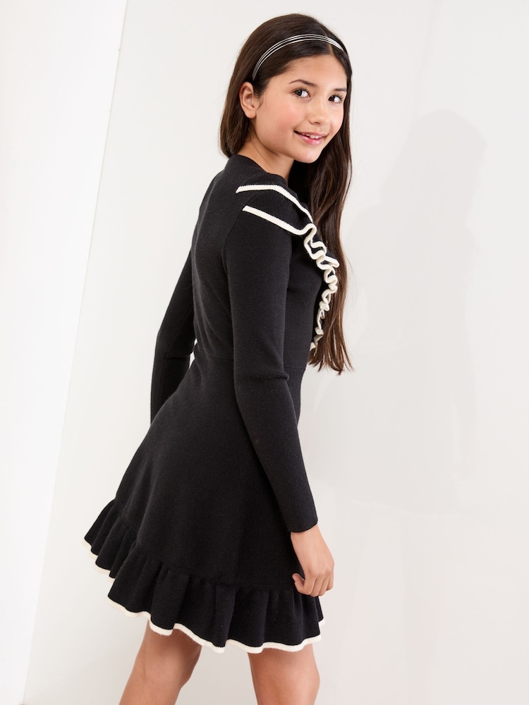 Lipsy Black Ruffled Tipped Knit Dress (5-16yrs) - Image 4 of 4