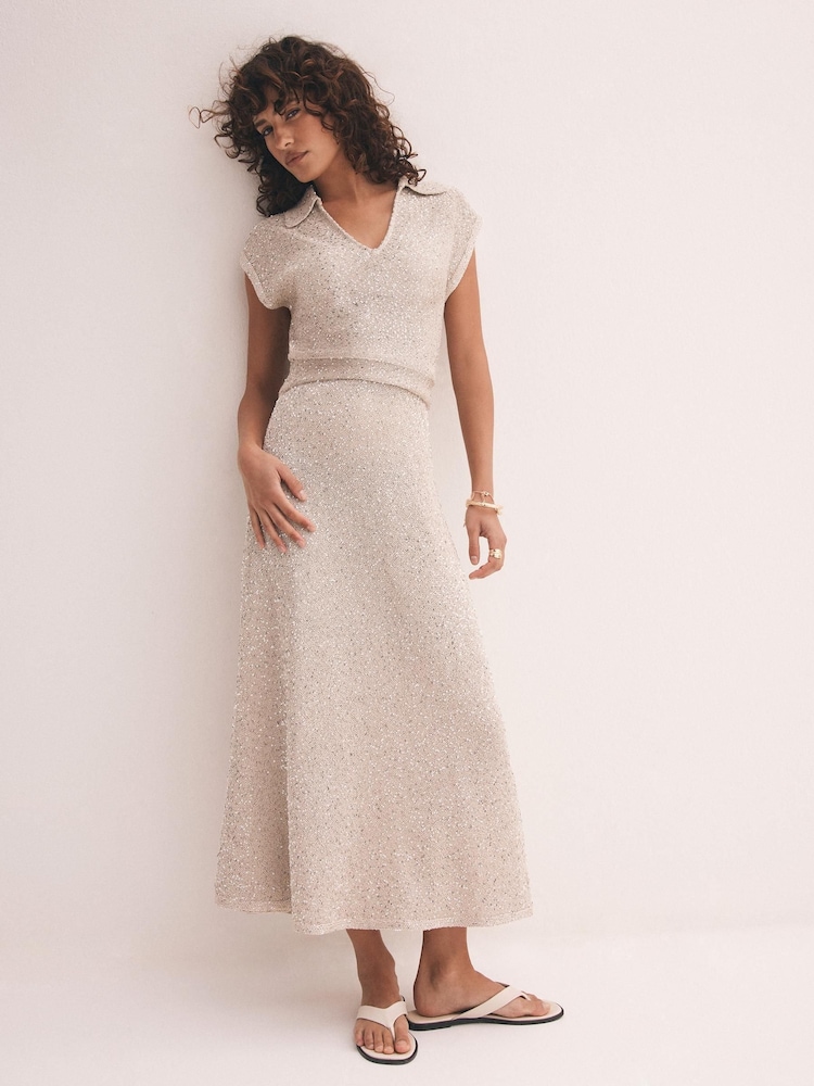 Mint Velvet Neutral Sequin Midi Dress - Image 2 of 8